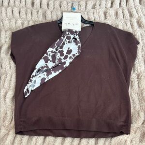 NWT Cynthia Rowley Brown Knit Top with Cow Print Neck Scarf Size Large